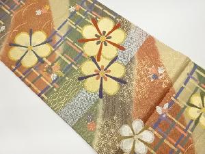 格子に花々・蝶・麻の葉模様織出し袋帯